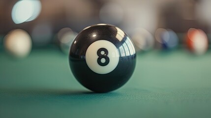 Detailed close-up of black eight ball on billiard table,