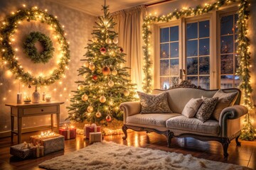 Cozy winter wonderland ambiance: Christmas tree, twinkling garland lights, and plush sofa adorn a warmly lit room, evoking a sense of festive romantic evening tranquility.