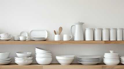 Different clean dishware on wooden table, white background, modern and organized