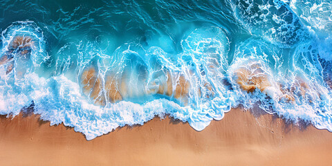 Naklejka premium A beautiful aerial top-down view of ocean waves on the beach, creating a natural and serene summer vacation holidays background.