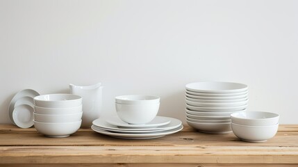Fototapeta premium Different clean dishware set on wooden table, simple white background, modern and neat