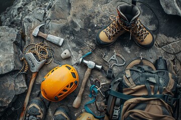 Climbing gear, including boots, a helmet, a hammer, a rope, and a backpack, are laid out on a rocky surface