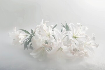 A cluster of white lilies arranged in a bouquet, with soft lighting and a gentle, hazy background, creating a serene and delicate atmosphere