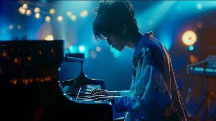 A close-up of a young Chinese man playing a grand piano on stage