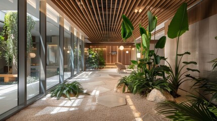 Step into a streamlined office environment featuring tailored AI solutions and crafted with sustainable materials, prioritizing environmental responsibility. 