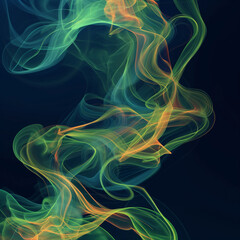 A vibrant abstract design with flowing, curved lines in shades of green, blue, and orange on black background.