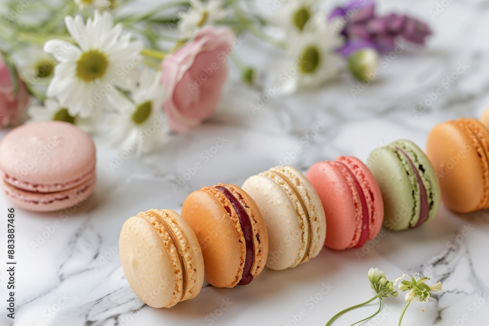 Poster a selection of colorful macarons are arranged on a marble countertop. soft flowers are blurred in th