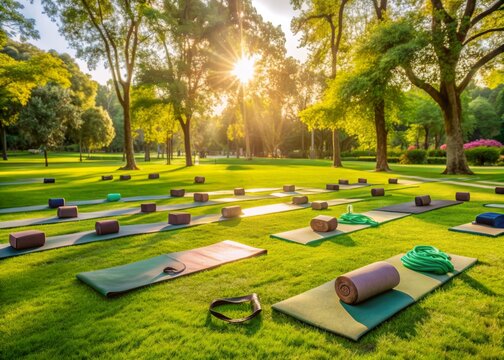 Serene summer morning scene in a lush green park with yoga mats, blocks, and straps scattered around, awaiting participants for an outdoor yoga class.