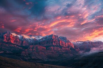 Naklejka premium A dramatic sunrise paints the sky with vibrant colors illuminating a majestic mountain range. Snow-capped peaks stand tall against a backdrop of layered clouds