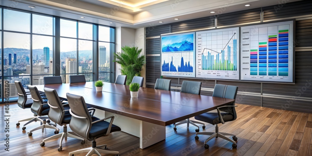 Poster modern conference room with sleek dashboard display presentation screen showing business analytics g