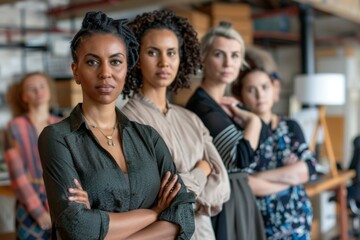 Obraz premium A group of diverse businesswomen stand confidently with arms crossed, showcasing unity and empowerment in a modern coworking space