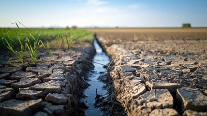 a cracked, dry riverbed with no water in sight, field of dept deep odject, all cover focus text, for spacecopy