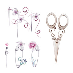 Set of Watercolor vintage needles, pins with thread and vintage scissors. Flowers and curl. Isolated. Sewing fashion, retro style for stitch, dressmaker, hobby and craft. Sewing tools, furniture