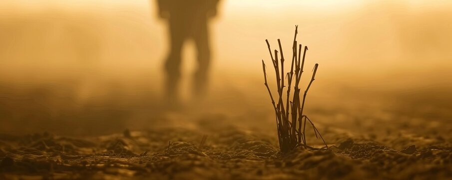 a farmer standing in a dusty, dry field holding dead crops, field of dept deep odject, all cover focus text, for spacecopy