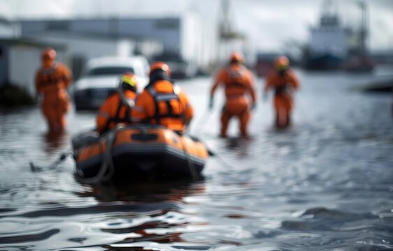 rescue teams helping stranded residents in the aftermath of a hurricane, field of dept deep odject, all cover focus text, for spacecopy