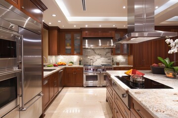 Fototapeta premium A contemporary kitchen featuring sleek stainless steel appliances and a large marble island with a modern stovetop