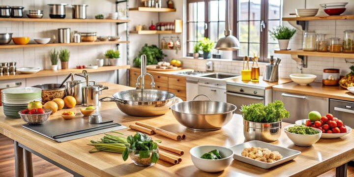 A clean and organized kitchen setup with utensils and ingredients laid out on countertops, awaiting the preparation of a culinary dish, with mixing bowls and tools ready.