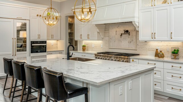 Modern kitchen interior with stylish white cabinetry, brass hardware, and granite island