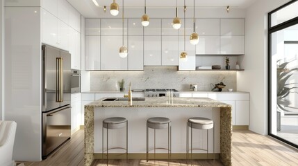 Modern Scandinavian kitchen with white cabinets, brass accents, granite island, and appliances