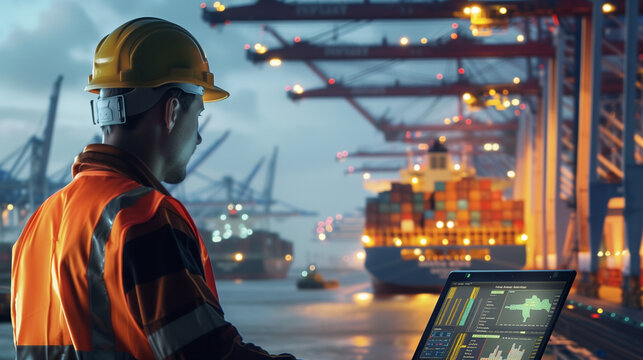 A port worker in an orange vest and yellow helmet is looking at the screen of his laptop, which shows data about cargo containers on it. The background features large cranes and co