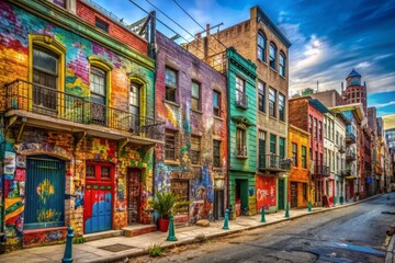 Fototapeta premium Vibrant urban streetscape with colorful graffiti-adorned buildings, eclectic paint signs, and weathered textures, capturing the gritty essence of city life.