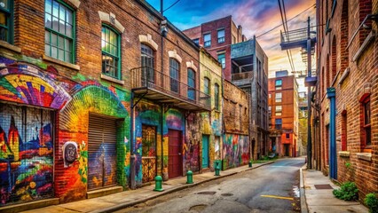 Naklejka premium Vibrant urban streetscape with graffiti-covered buildings, colorful paint signs, and eclectic street art adorning worn brick walls and rusty metal gates.