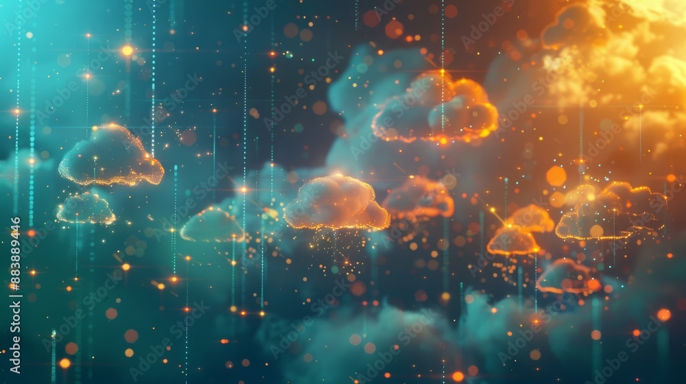 Poster multi-cloud data orchestration and governance, data being transferred to cloud storage.