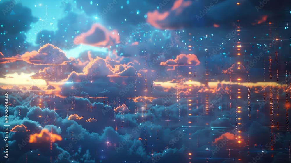 Poster multi-cloud data orchestration and governance, data being transferred to cloud storage.