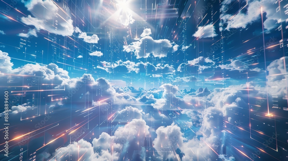 Poster multi-cloud data orchestration and governance, data being transferred to cloud storage.
