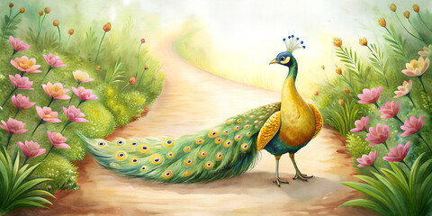 watercolor peacock on the flowers walkway,cozy walkway,water color peacock,beautiful drawing peacock