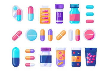 Set of pills and capsules. Icons of medicament. Tablets in blisters: painkillers, antibiotics, vitamins and aspirin. Pharmacy and drug symbols. Medical illustration .