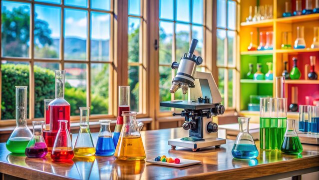 A colorful chemistry laboratory setup with various equipment and a microscope on a table, betraying a young Indian student's recently abandoned science experiment.