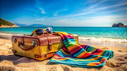 Obraz premium Vibrant colors of a suitcase, beach towel, and sunglasses abandoned on sandy beach with blurred seaside scenery, evoking joyful family summer vacation memories.