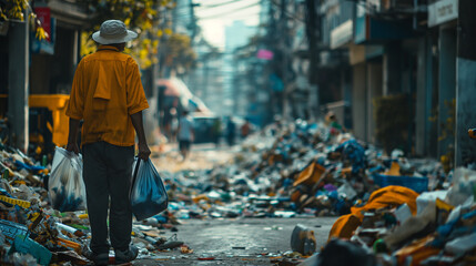 Obraz premium Man Walking Through Trash-Filled Street in Southeast Asia