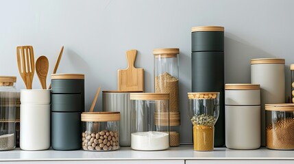 Assorted kitchen containers on white background, stylish and minimalist storage solutions