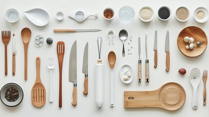 Assorted kitchen gadgets on a white background, stylish and contemporary