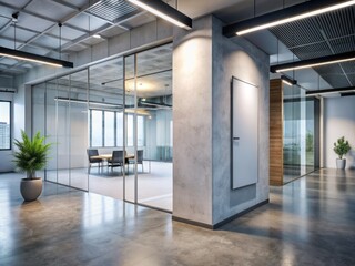 Modern minimalist office corridor features sleek glass doors, concrete floors, and contemporary furniture, alongside a large white billboard waiting for creative expression to unfold.