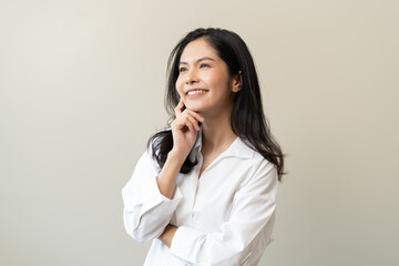 asian woman in casual dress thinking and imagination isolated on background