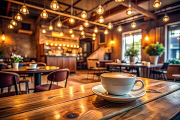 Cozy coffee shop ambiance with empty tables, warm lighting, and rustic decor, featuring a loyalty card and saucer on a wooden table.