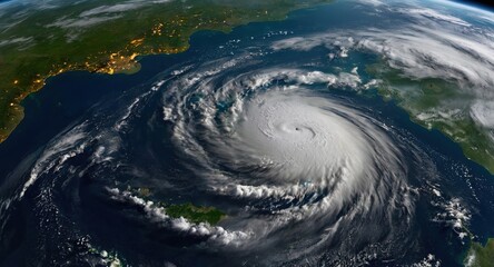 satellite view of a massive hurricane over earth's atmosphere background photo