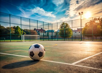 A deserted outdoor soccer court with a single soccer ball sitting alone, awaiting the arrival of energetic youthful players for an afternoon match.