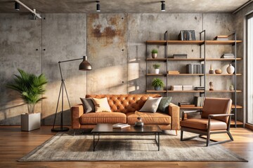 Industrial and loft living room interior with concrete wall, sand brown sofa, modern armchair, simple black coffee table, sand brown, books and personal accessories.