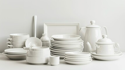 Fototapeta premium Ceramic kitchenware collection on pure white background, clean and simple style