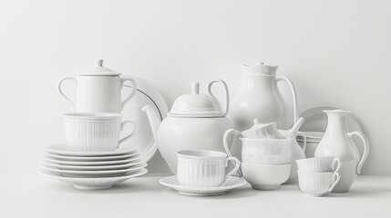 Ceramic kitchenware collection on pure white background, clean and simple style