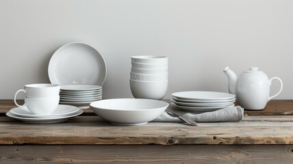 Fototapeta premium Clean dishware assortment on wooden table, simple white background, minimalist design