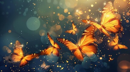 Beautiful Glowing Orange Butterflies in Dreamy Night Sky Illustration - Enchanted Nature Scene with Sparkling Lights