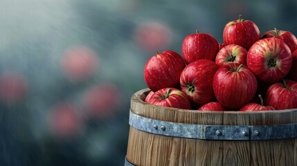 A wooden barrel of apples in an orchard