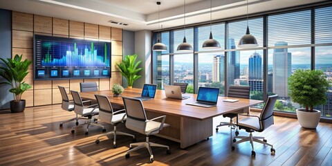 Modern office space with sleek furniture, large screen displaying financial charts and graphs, and scattered documents and laptops, conveying dynamic teamwork and strategic planning.