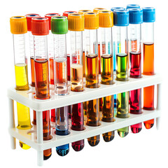 Colorful test tubes filled with various liquids in a white rack, representing scientific experiments and research in a laboratory setting.