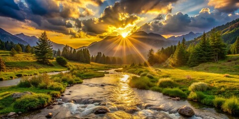 Golden sun rays burst through clouds, illuminating a serene mountain landscape with a gentle creek, surrounded by lush greenery, during a breathtaking sunset.